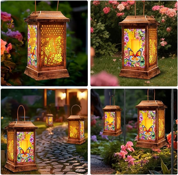 Butterfly Solar Lanterns Outdoor Waterproof, Metal & Glass Hanging Lights Garden Decor, Birthday Gifts for Women Mom Grandma Mothers Day, Decorative Lights for Outside Yard Patio Backyard Porch
