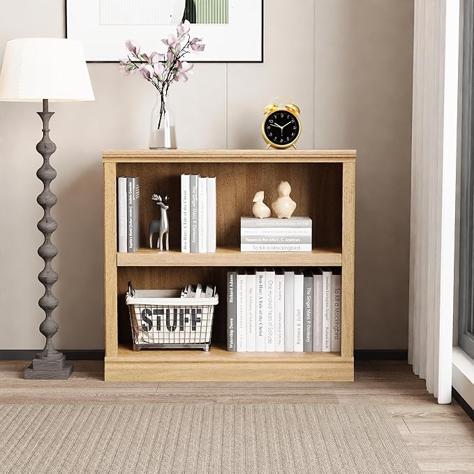 blini 2-Shelf Bookcase Wooden Bookshelves 33in Wide Floor Standing Display Storage Shelves Oak Bookcase for Home Office, Living Room, Bed Room