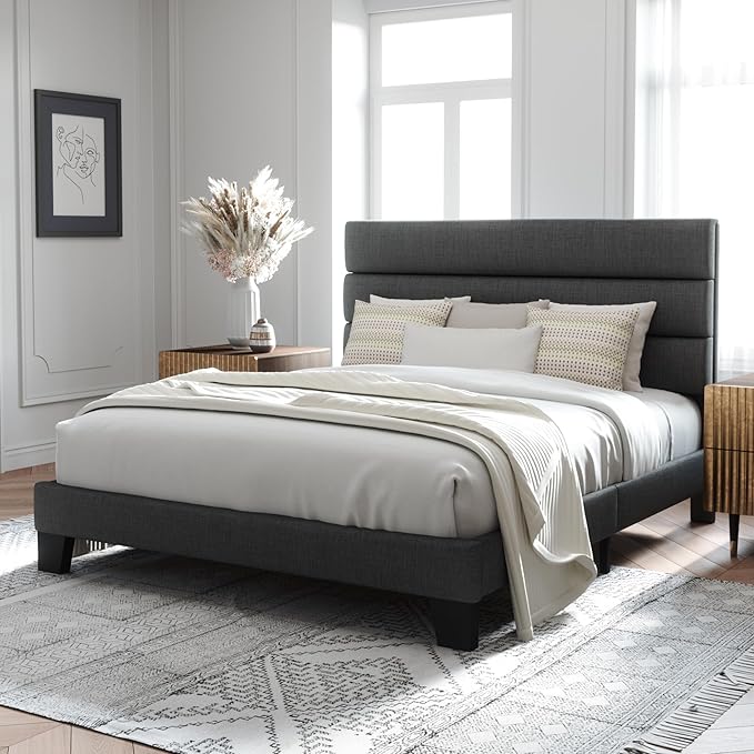 Allewie Full Size Platform Bed Frame with Fabric Upholstered Headboard and Wooden Slats Support, Fully Upholstered Mattress Foundation/No Box Spring Needed/Easy Assembly, Dark Grey