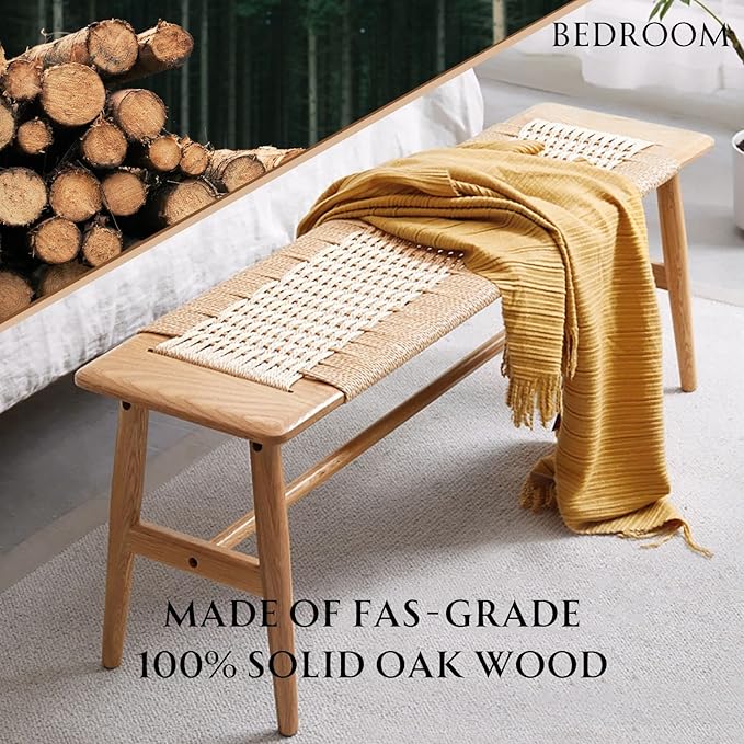 31.5'' Woven Dining Beach with 100% Solid Oak Wood Bench Frame, Hand Knitted Rope Designed Bed End Shoe Bench for Kitchen Bedroom Entryway, Beige