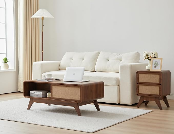 AVZEAR Mid Century Modern Coffee Table with Storage, Curved Edge Wood Coffee Table with Sliding Nature Linen Door, Farmhouse Center Table Rectangle Coffee Table for Living Room, Office, Walnut