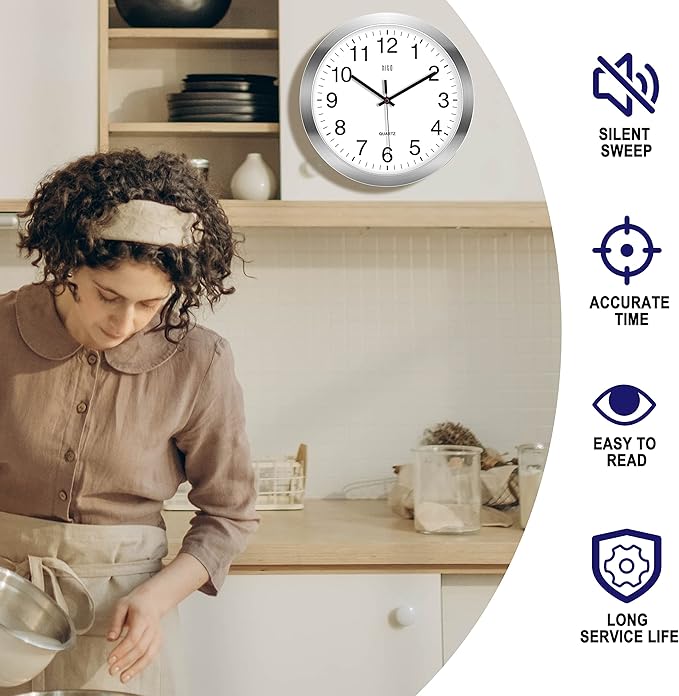 HITO 12 Inch Silent Wall Clock Battery Operated Non Ticking Glass Cover Silver Aluminum Frame, for Kitchen, Bedroom, Home Office, Living Room Decor