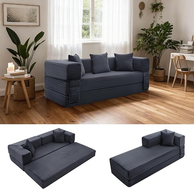 Sectional Boneless Couch Convertible Sofa Bed, 78'' Modular Sectional Sleeper Sofa with Removable Armrests & 3 Pillows, Small Floor Couch No Assembly Needed for Living Room, Office, Bedroom, Gray