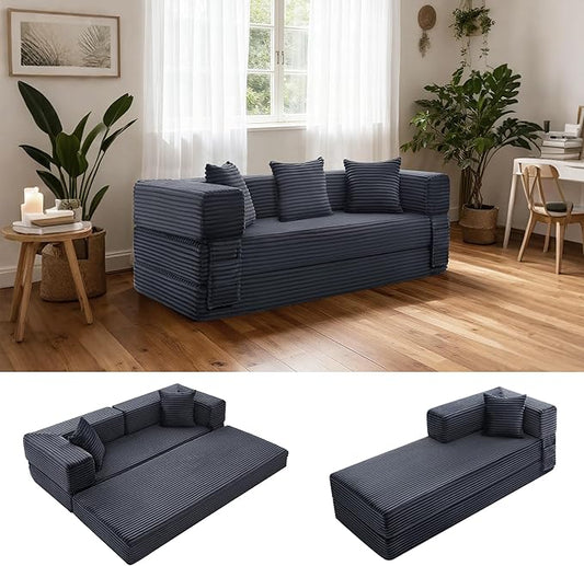 Sectional Boneless Couch Convertible Sofa Bed, 78'' Modular Sectional Sleeper Sofa with Removable Armrests & 3 Pillows, Small Floor Couch No Assembly Needed for Living Room, Office, Bedroom, Gray