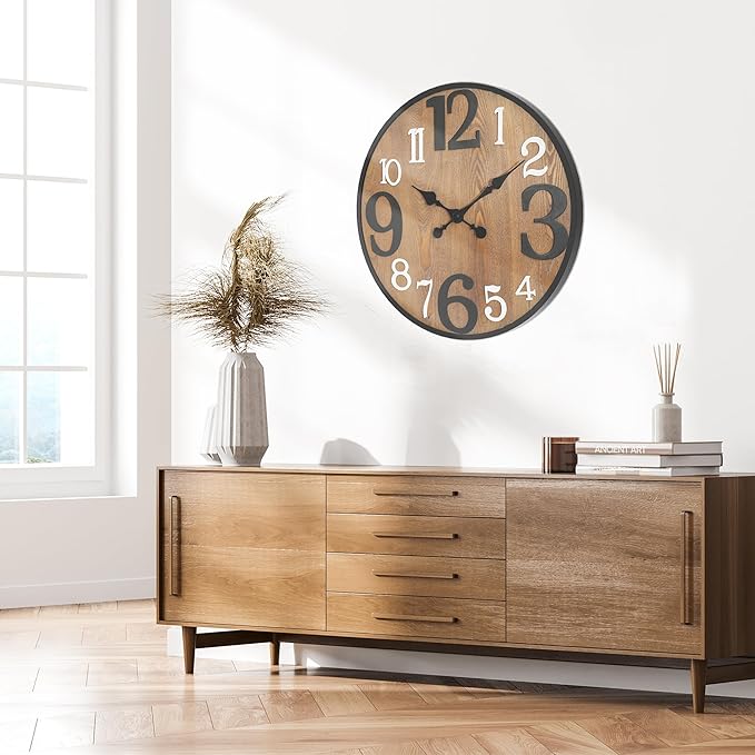 RiteSune 24 Inch Wood Wall Clock, Modern Large Numerals Battery Operated Quartz Movement, Black Metal Frame Decor Clock for Living Room Office Kitchen Bedroom, Entryway, Home, Office