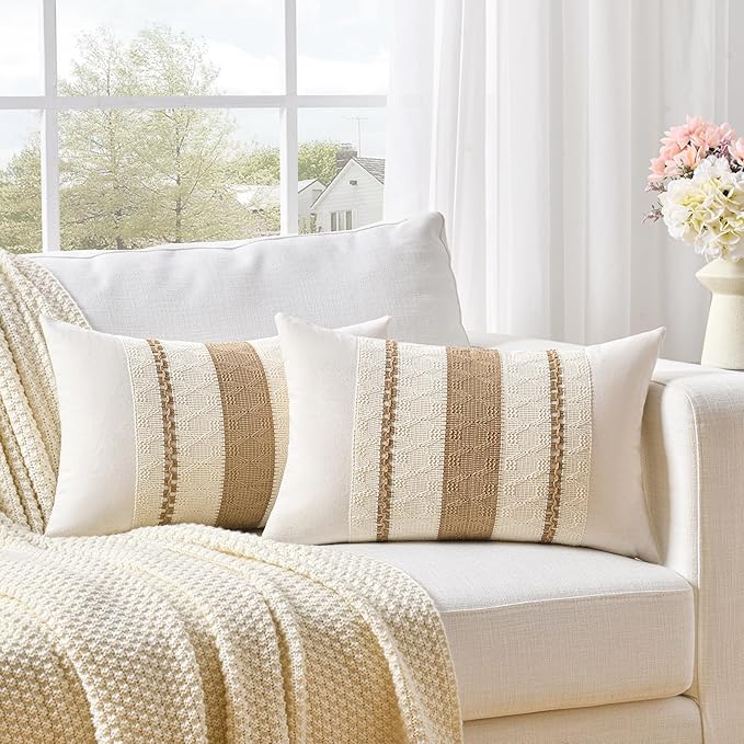 Fancy Homi Set of 2 Neutral Tan Lumbar Decorative Throw Pillow Cover 12x20 Inch for Couch Bed Sofa Chair, Modern Organic Farmhouse Boho Home Decor, Soft Cotton Cute Accent Taupe Rectangle Cushion Case