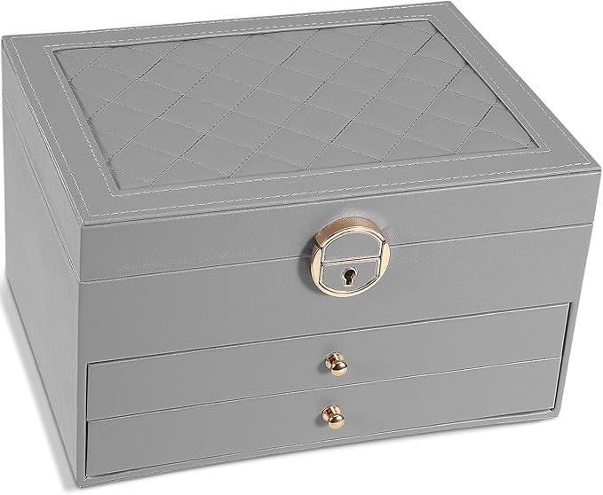 3-Layer Jewelry Box for Women, Earing Holder Jewelry Organizers and Storage with Removable Jewelry Tray, Vintage Quilted Top Lockable Jewelry Holder Gift Idea Gray