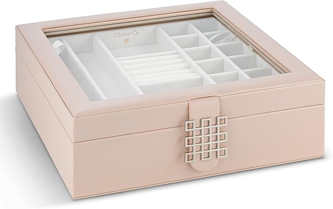Co 28 Section Jewelry Box - 2 Layer - Buckle Snap & Magnet Closure - Large Glass Top - Leather Design - Sand - Jewelry Organizer for Women & Girls - for Earring Ring Necklace & Bracelet