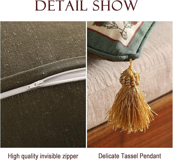 patdrea Designer Throw Pillow Covers Set of 2,French Elegant Green Linen with Curly Grass and Floral Pattern Pillow Covers,Decorative Lumbar Pillowcases Cushion for Bed Living Room Outdoor,12"x20"