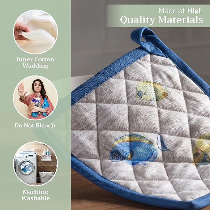 Maison d' Hermine Pot Holders 100% Cotton Heat Resistant Potholders 8" x 8" Hot Pads with Loop BBQ, Cooking, Baking, Grilling, Kitchen, Handling Hot Pans Spring/Summer (Pack of 1, Poisson)