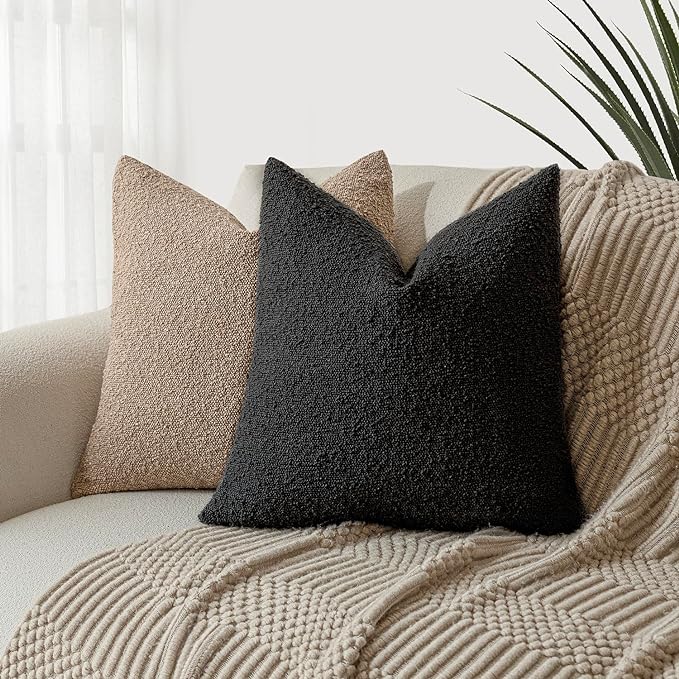 Foindtower Pack of 2, Decorative Textured Boucle Throw Pillow Covers Accent Solid Pillow Cases Neutral Soft Cozy Couch Cushion Case for Chair Sofa Bedroom Living Room Home Decor 26 x 26 Inch Black