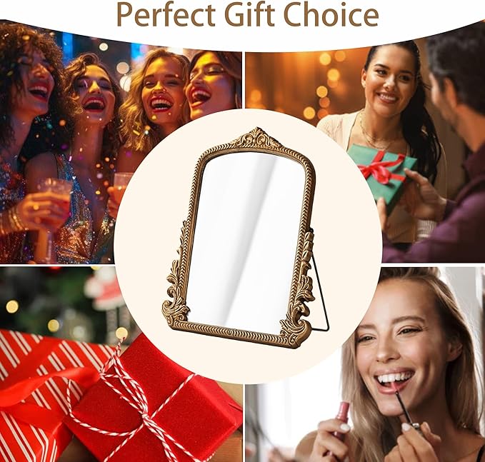 Small Antique Gold Arched Table Mirror - Vintage Vanity Makeup Mirror, Traditional Baroque Style Decor for Bedroom, Living Room, Tabletop 11.8" x 9.6"