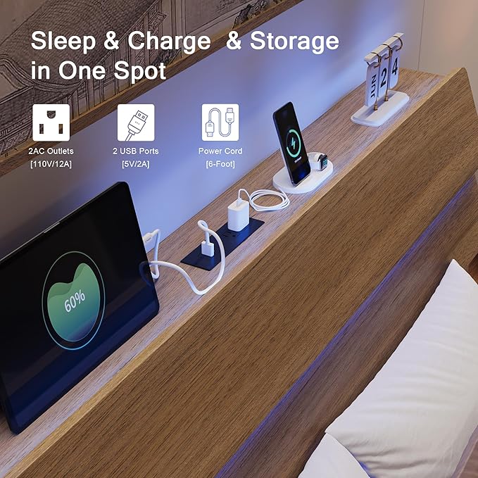 Full Size Bed with Charging Station, Floating LED Bed Frame with Wood Storage headboard, Heavy Duty Metal Slats, No Box Spring Needed, Noise Free, Easy Assembly, Walnut