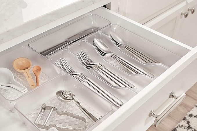 Spectrum Diversified Hexa Drawer Organizer Tray Modern Kitchen Cutlery, Utensil, Silverware Holder Caddy, 5 Dividers Cabinet Storage, 10 x 13, Clear Frost
