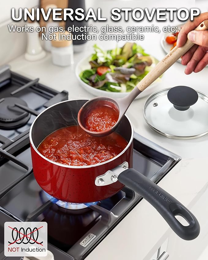 Cook N Home Non Stick Sauce Pan, 2 Quarts Saucepan with Glass Lid, Nonstick Small Multi-purpose Pot, Milk Chocolate Aluminum Cooking Pot Pan with Stay-Cool Handle, Marble Red