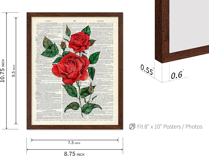 Poster Master Dictionary Art Poster - Red Roses Print - Flower Art - Floral Art - Gift for Men, Women & Florist - Minimal Decor for Living Room, Bedroom, Dorm or Flower Shop, 8x10 Brown Framed