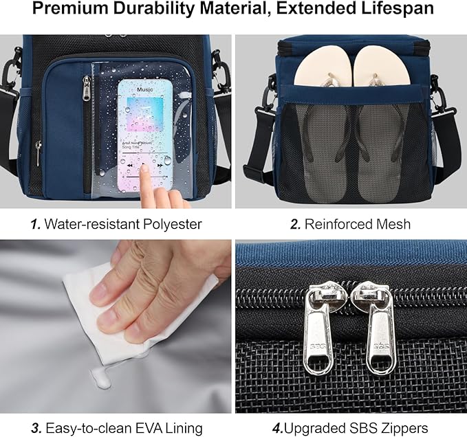 F-color Hanging Shower Caddy Portable - College Dorm Essentials for Girls Guys with Hooks, Soft Crossbody Shoulder Strap, Multiple Pockets, Quick-Dry Shower Bag for Dorm Travel Essentials, Dark Blue