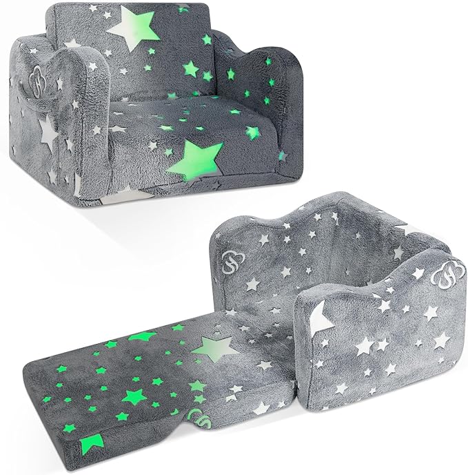 Kids Couch for Toddlers, 2-in-1 Kids Sofa Toddler Couch Chair Glow in The Dark, Comfy Soft Foldable Kid Chair for Girls and Boys