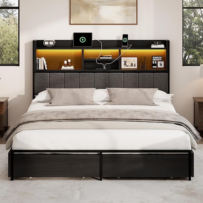 Queen Bed Frame with 6 Storage Drawers, Linen Upholstered Headboard, Built-in USB Charging Station & LED Lighting, Silent Metal Support, No Box Spring Needed, Vintage Black