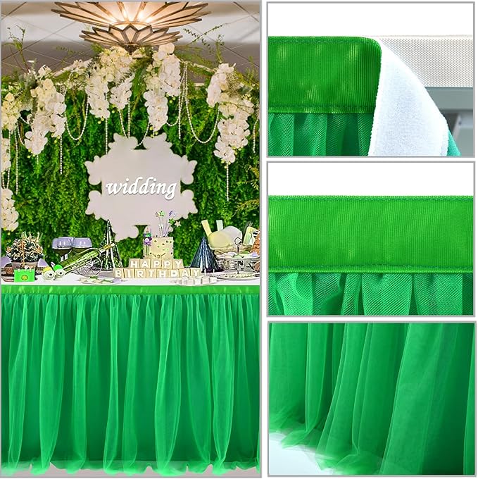 14ft Green Table Skirt Tulle Tutu Table Clothes for Birthday Boy Girl Baby Shower Gender Neutral Graduation, Hawaiian Jungle Luau Themed Party, Animal Safari Theme Party Decorations