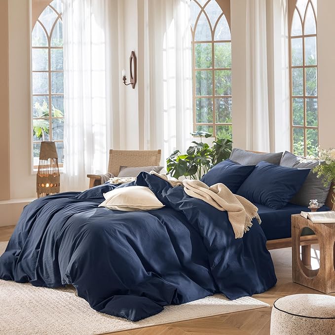 MooMee Bedding Duvet Cover Set 100% Washed Cotton Linen Like Textured Breathable Durable Soft Comfy (Solid Navy, Queen 90"x90")