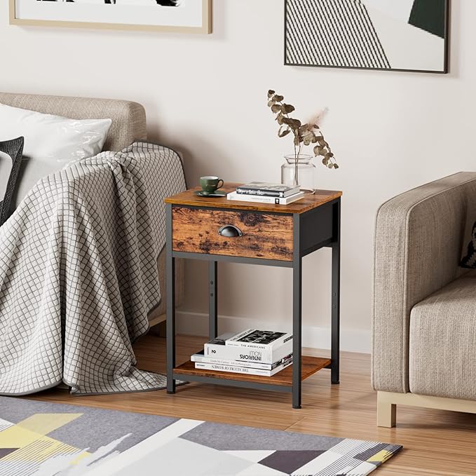 Furologee End Table with Storage Shelf and Fabric Drawer, 2 Tiers Industrial Nightstand, Bedside Table Organizer for Living Room Bedroom, Rustic Brown, Easy Assembly
