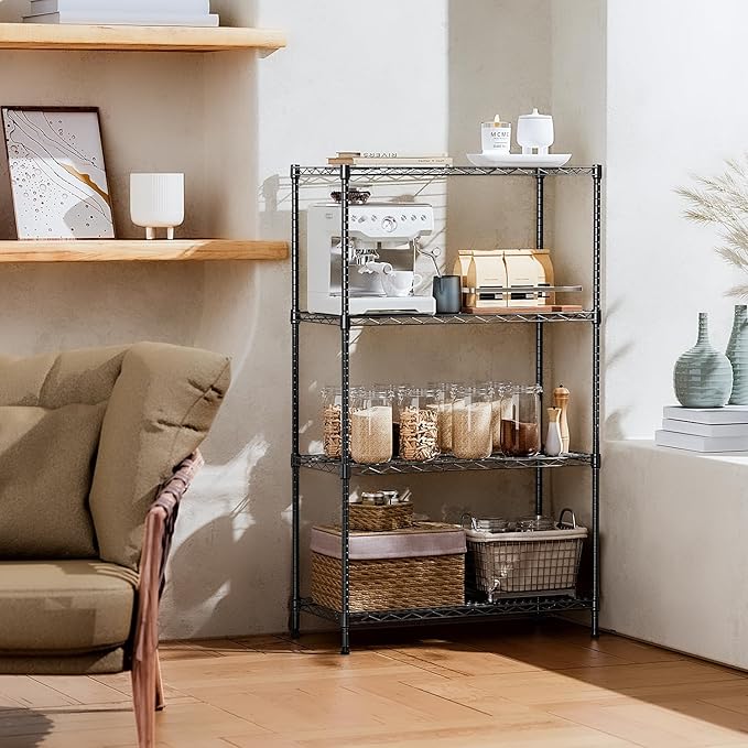 IZEUK 4-Tier Heavy Duty Steel Storage Shelves, Metal Shelf Wire Shelving Rack for Pantry, Kitchen, Garage, or Office Organization (29.5" W x 13.7" D x 47.2" H, 1000LBS, Black)
