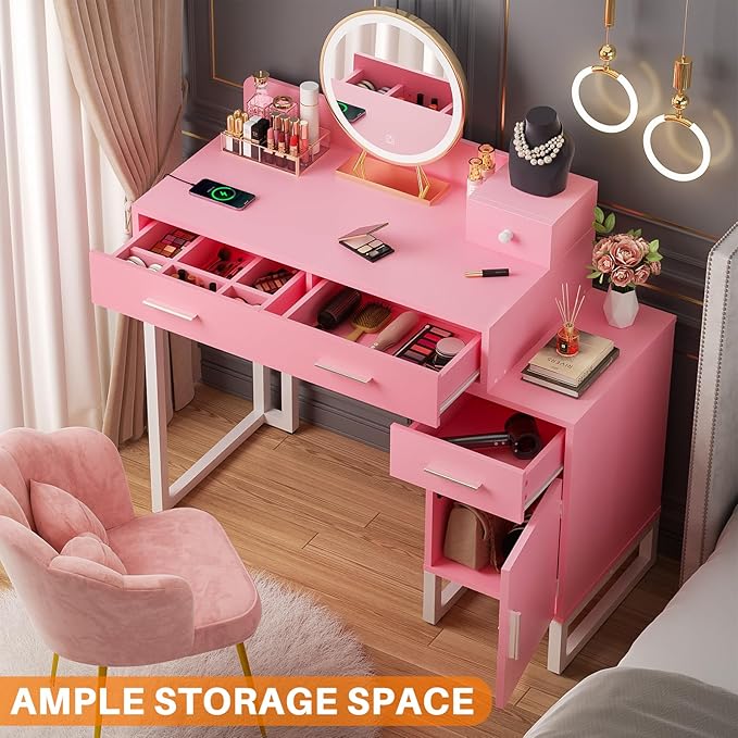 Vanity Desk with 4 Storage Drawers - Modern Makeup Vanity Table with Charging Station, Pink Vanity Desk with Reversible Cabinet Dressing Table Set with Divided Organizers for Women Girls, Pink & White