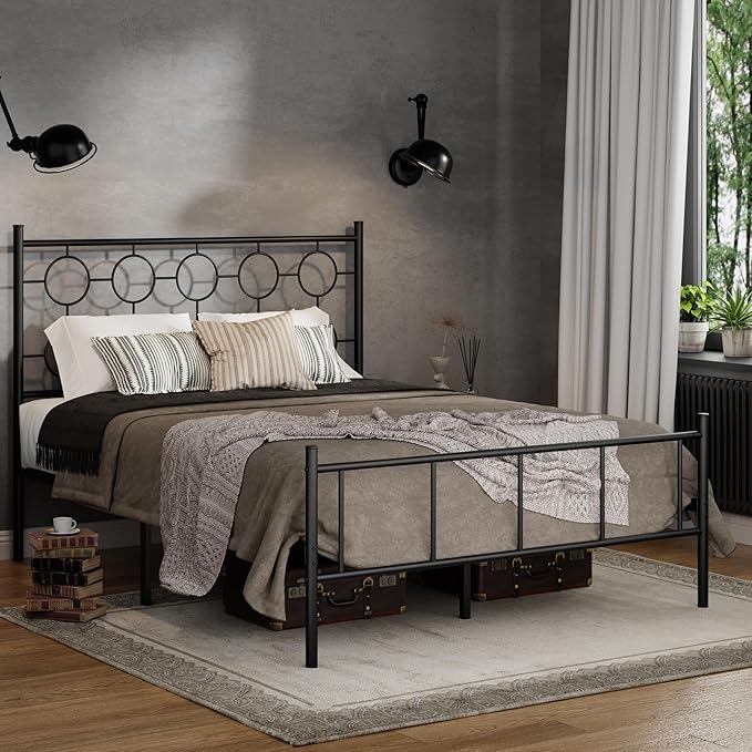 Full Size Classic Metal Platform Bed Frame with Headboard and Footboard, Victorian Style Iron Bedframe with 12 inch of Storage Under Frame, Slat Support, No Springs Required, Easy to Assemble (Black)