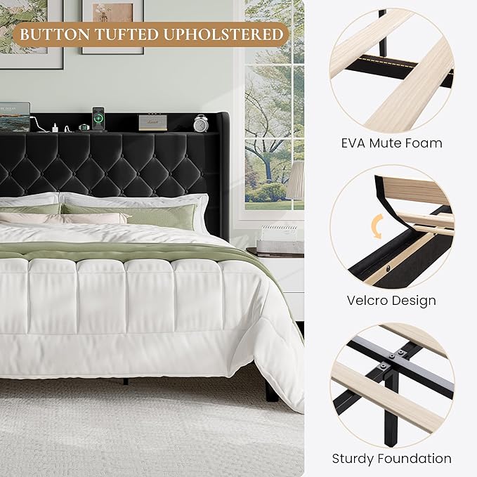 SHA CERLIN King Size Platform Bed Frame with Charging Station, Velvet Wingback Headboard with Storage Shelf, Wooden Slats Support, Ample Under-Bed Space, No Box Spring Needed, Easy Assembly, Black