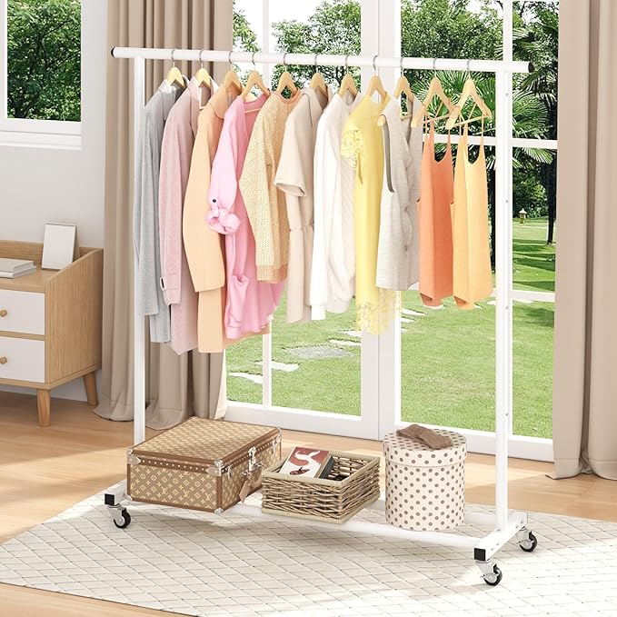 Buzowruil Metal Rolling Clothing Rack Adjustable Freestanding Garment Organizer with Wheels, Space-Saving Design for Home, Closet, Office, or Retail, White