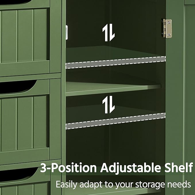 Yaheetech Wooden Bathroom Floor Cabinet, Side Storage Organizer Cabinet with 4 Drawers and 1 Cupboard, Freestanding Entryway Storage Unit Console Table, Bathroom Furniture Home Decor, Green