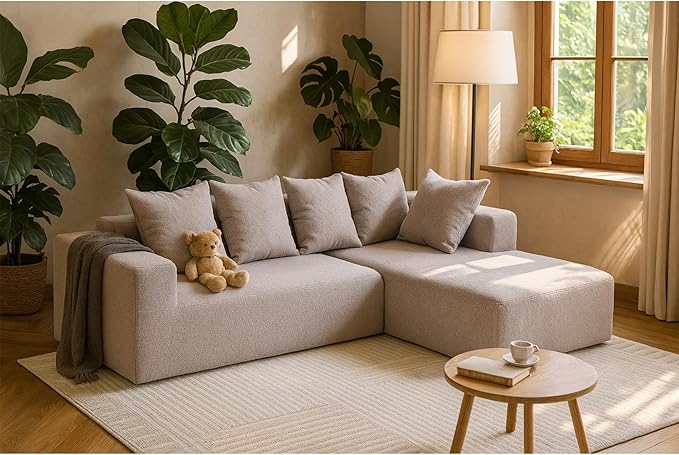 KEIKI L-Shape Cloud Sectional Sofa, 96” Modern Modular Boneless Couch with Left Chaise Lounge, Upholstered Couches for Living Room Bedroom, Light Grey