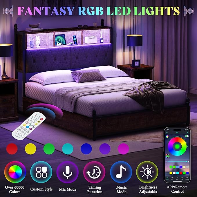 AMERLIFE Queen Size Bed Frame with Bookcase Headboard, 4 Storage Drawers, Wooden Platform Bed with Charging Station & LED Light, No Box Spring Needed, Noise-Free, Rustic Brown