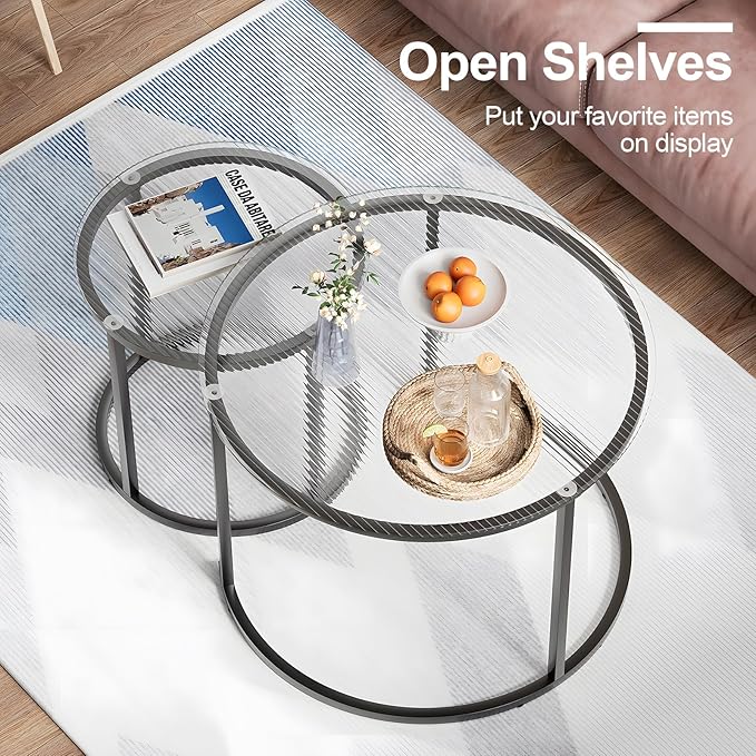 aboxoo Gold Nesting Coffee Table Set of 2, Small Glass Round Nesting Tables for Living Room Bedroom, Accent Tea Table with Black Metal Frame Modern Industrial Simple