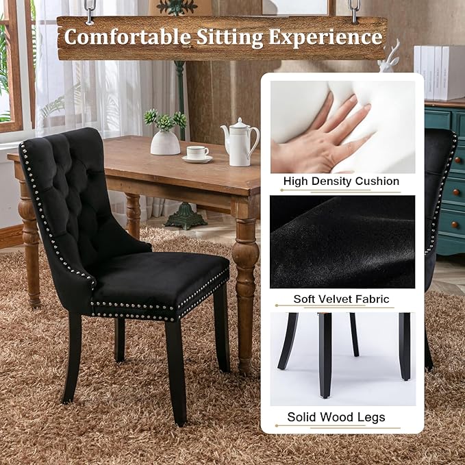 Goujxcy 78.7" Farmhouse Extendable Dining Room Table Set for 6, 7-Piece Rectangle Kitchen Dining Room Table Set with Wood Base and 6 Black Velvet Dining Chairs, Extending Kitchen & Dining Table Set