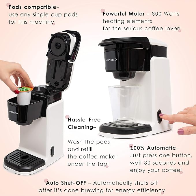 Mixpresso Single Cup Coffee Brewer - Quick Brew, One Touch Function, 12oz One Cup Coffee Maker