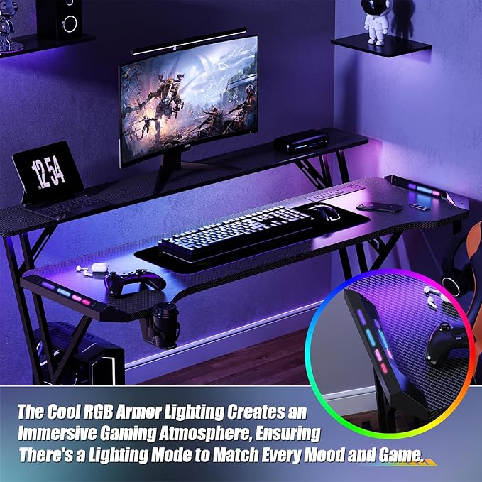 55 Inch Gaming Desk, Smart Computer Gamer Desk with LED Lights & Mouse Pad, Gaming Table with Power Outlet, Monitor Stand, Side Hook, Ergonomic Work Desks for Home Office, Carbon Fiber Black