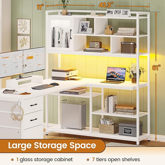 SEDETA L Shaped Computer Desk, 58'' Office Desk with 3 Drawers and Bookshelf, L Shaped Corner Desk with Storage Shelves and LED Light for Home Office, Gaming Desk, L Desk, White
