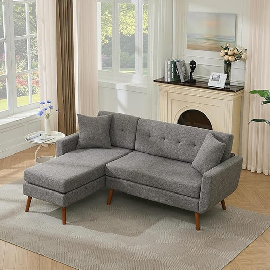 Tbfit L Shaped Couch Sofa, 80" W Mid-Century Modern Sectional Couches, 3 Seater Sofas with Wide Chaise Lounge & Two Pillows,Button Tufted Upholstered Sectional Sofa for Living Room, Bedroom, Gray