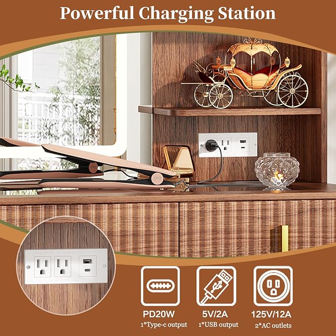 Large Makeup Vanity Desk with Mirror and Lights, Vanity Desk with 6 Drawers & Storage Shelves, Vanity Table with Power Outlet, 3 Color Modes & Adjustable Brightness Dressing Table, Bedroom,Walnut1