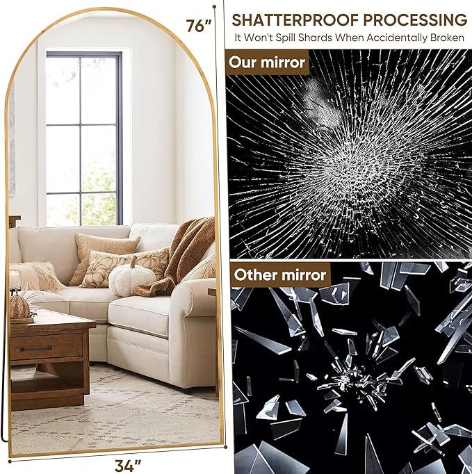 Suidia Full Length Mirror, 76"x34" Floor Standing Mirror Freestanding, Full Body Mirrors with Stand for Bedroom, Hanging Mounted for Living Room Cloakroom, Gold, Arched Style