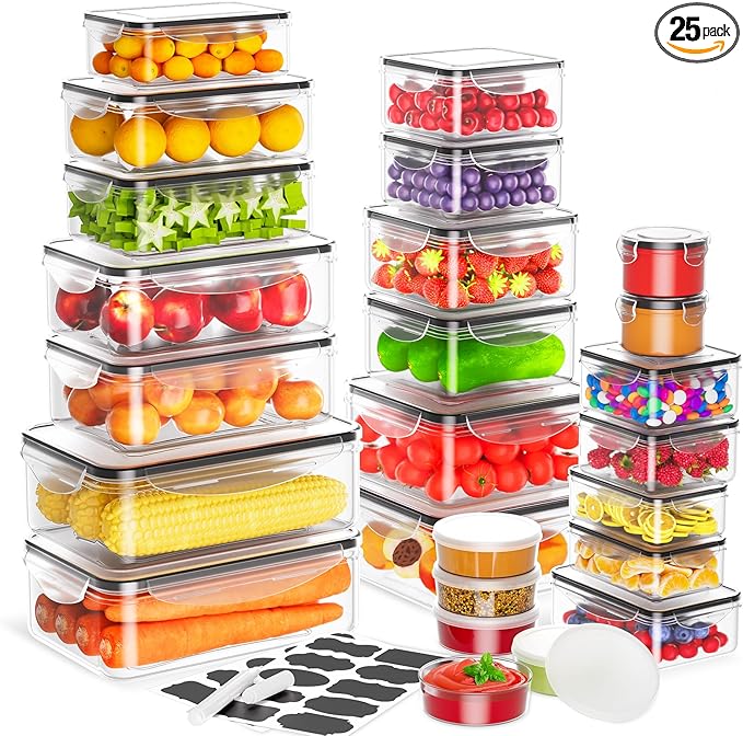50 PCS Food Storage Containers with Lids Airtight (25 Lids & 25 Containers)- Reusable Plastic Leakproof Meal-Prep Container for Kitchen Storage Organization Microwave/Dishwasher Safe with Labels & Pen