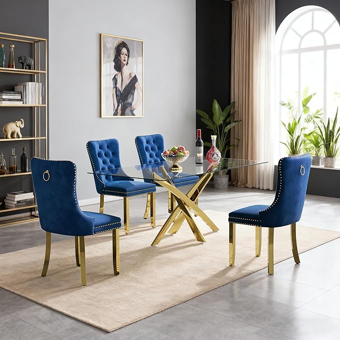 Goujxcy 51" Glass Dining Table Set for 4, Modern Kitchen Table and Chairs Set w/Steel Legs, 5-Piece Dining Table Set w/Glass Gold Dining Table and 4 Blue Velvet Chairs for Kitchen Dining Room