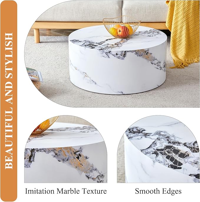 Modern Coffee Table,27.5Inch Round Top Tea Table,Living Room Center Table with Texture for Living Room,Office,Apartment