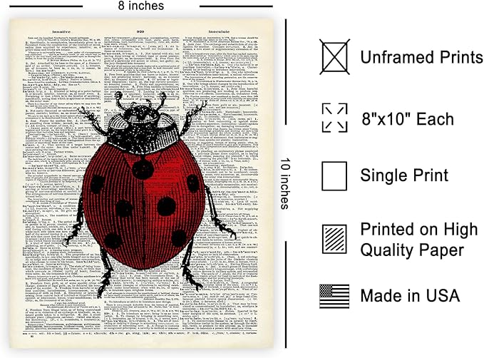 Poster Master Dictionary Art Poster - Retro Ladybug Print - Insect Art - Red Bug Art - Gift for Men, Women & Animal Lover - Minimal Decor for Living Room & Kid's Room - 8x10 UNFRAMED Wall Art