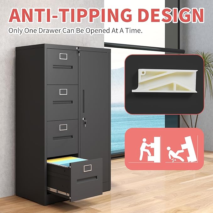 4 Drawer File Cabinet with 1 Door,Black Metal Storage Locker Cabinets for Employees,Home Office Lockable Steel Filing Cabinets for Legal/Letter Size Files, Assembly Required