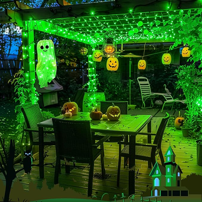 JMEXSUSS Green Halloween Lights Outdoor, 132ft 400 LED Halloween String Lights Plug in with Remote, Indoor Green Light for Porch Tree House Yard Christmas Decorations