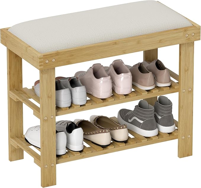 HOMCOM Bamboo Shoe Bench, 3-Tier Entryway Bench with Storage and Cushion, Shoe Organizer for Entryway, Hallway, Holds Up to 331 lbs, 23.6 x 11.4 x 19.3 Inches, Cream White