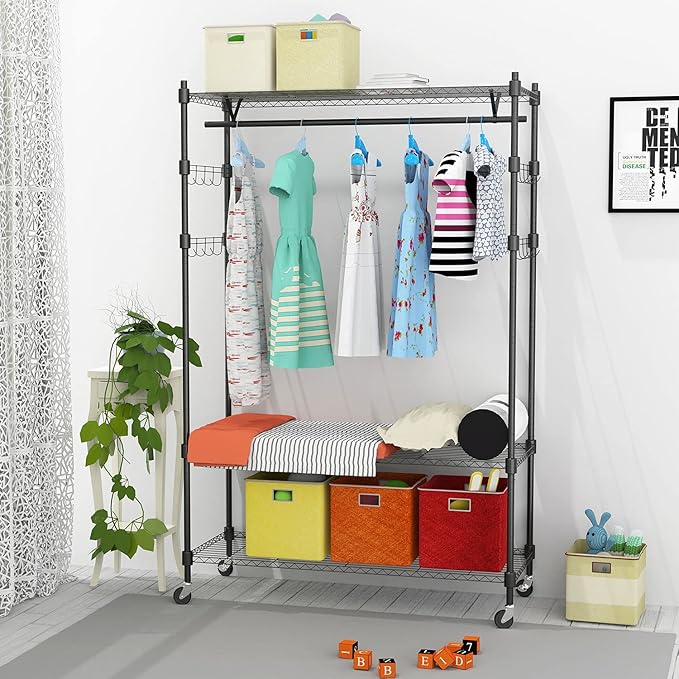 Heavy Duty Clothes Rack, Adjustable Rolling Garment Rack with Shelves, Freestanding Wardrobe Rack 1 Clothes Hanging Bar, 3 tired Wire Shelving, 4 Hanger Hooks - Hold Up to 400Lbs (Black, 1Rod 4Hook)